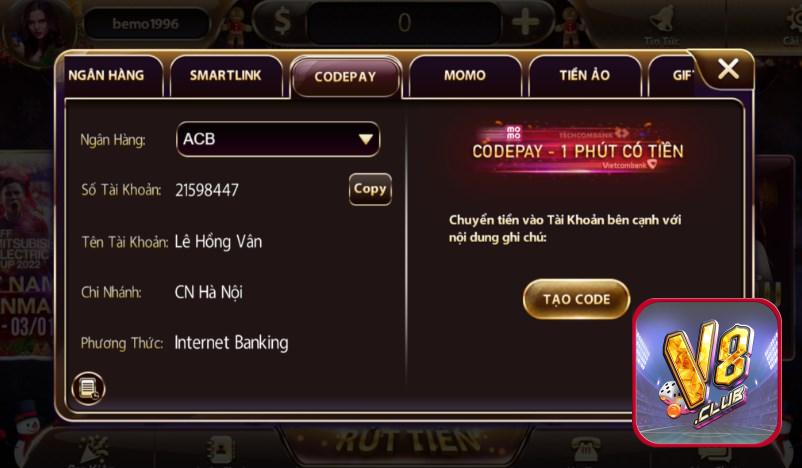 Nạp tiền qua Codepay V8club diễn ra rất đơn giản